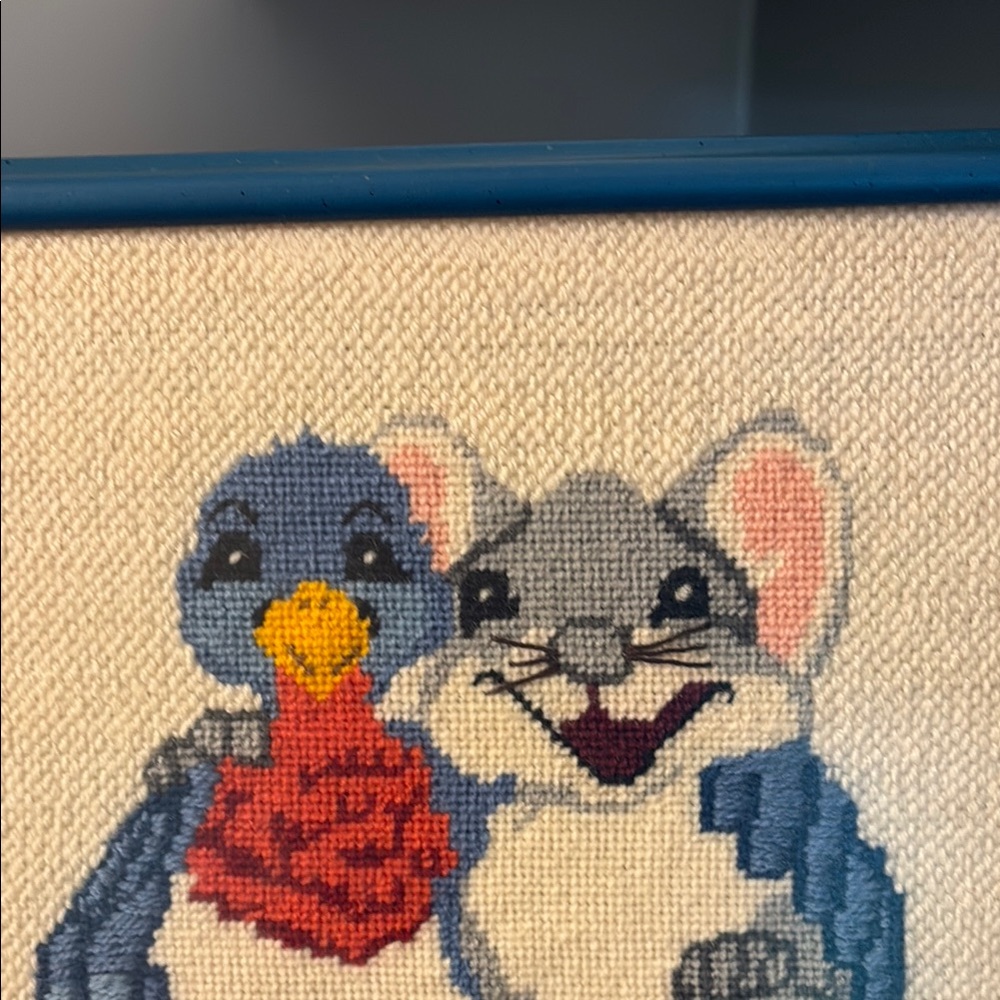Charming Animal Bird & Mouse Needlepoint Framed Picture Nursery Kids Vintage - Picture 7 of 16